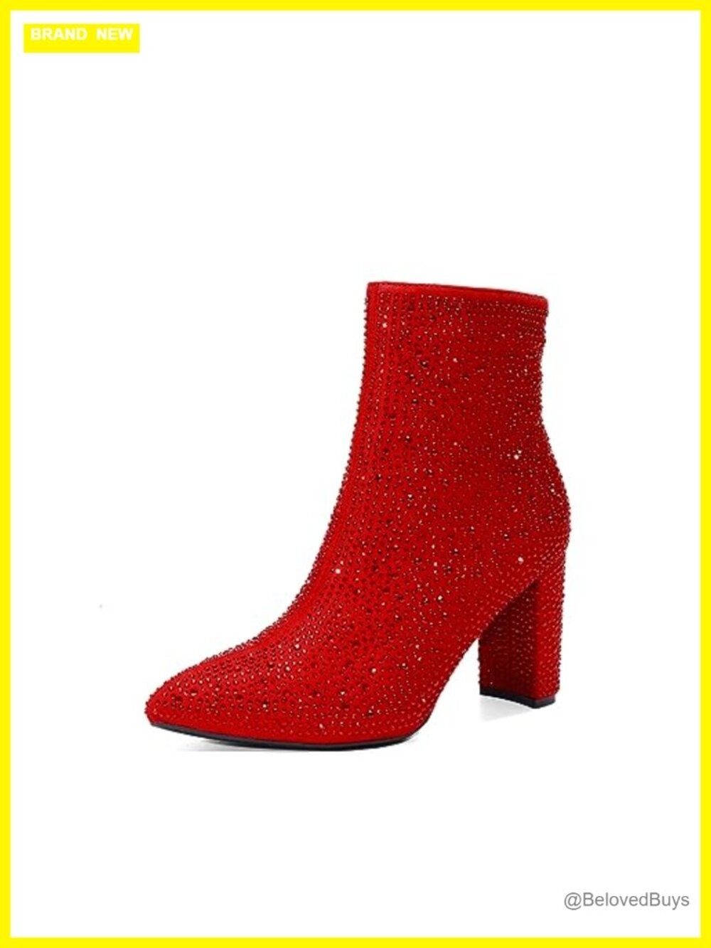 Chunky Heel Ankle Booties Pointed Toe Side Zip Faux Suede Rhinestone